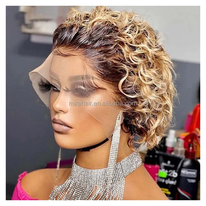 Wholesale Pixie Cut Remy Human Hair Wig 13x1 Lace Front Human Hair Brazilian Curly Wigs Transparent Lace Natural Black
