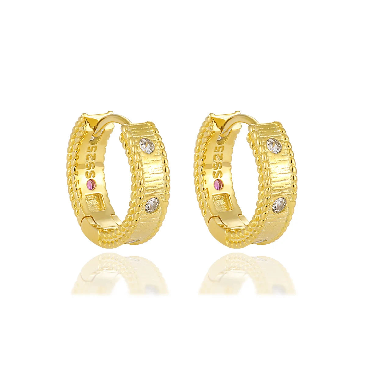 WMEA776 CZ Rope Edge Creole Hoop Earrings Chunky Hoops Sterling Silver Gold Plated Cubic Zirconia Antique Hoop Earrings