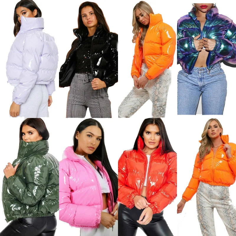 Winter Solid Women's Short Crop Bomber Jacket Stand Thick Zipper Waterproof Windproof Eco-Friendly Puffer Coat Long Sleeves