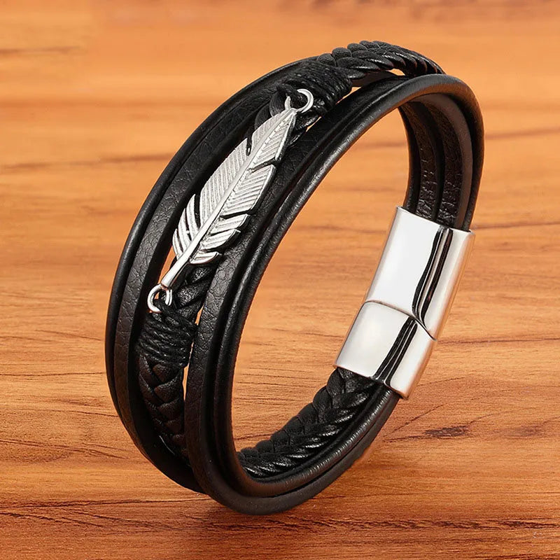 New Design Genuine Leather Bracelet 316L Stainless Steel Feather Charm Custom Bracelet for Men