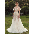 15321# Exquisite V-neck Wedding Dress Bridal Dresses Elegant Sweep Train Illusion Appliques Pearls Lace Backless Bridal Gown