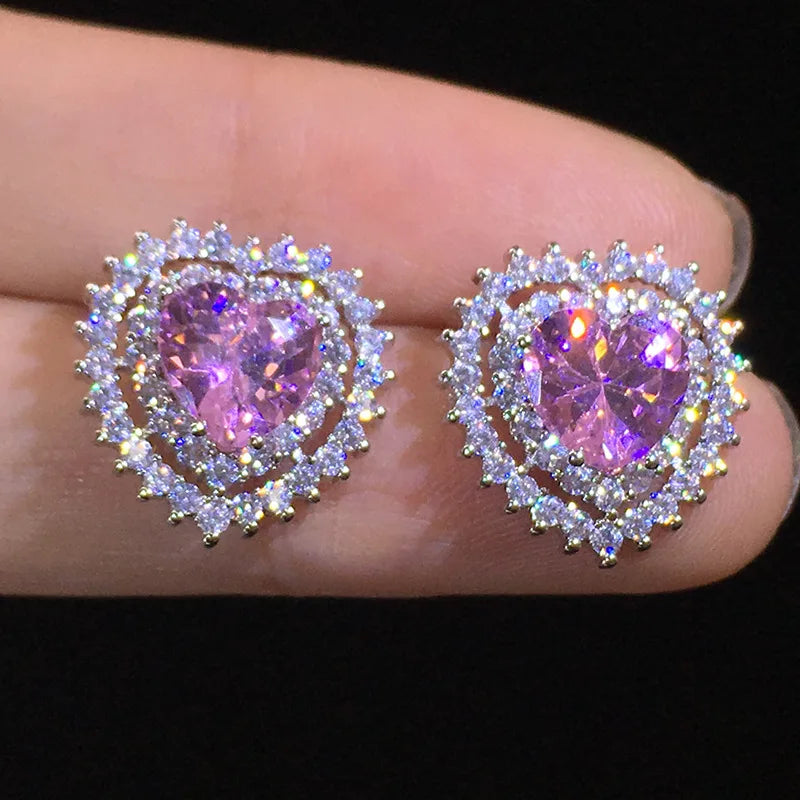 Huitan Crystal Female Zircon Stone Earrings Fashion Silver Color Wedding Cute Female Big Pink Heart Stud Earrings for Women