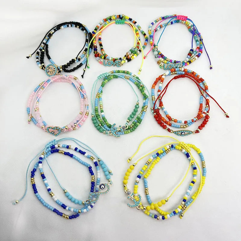Hot Sale Bohemia Mix Color Litter Bead Eye love Tree of Life Models Bracelet 3pcs Set Hand Jewelry for Women