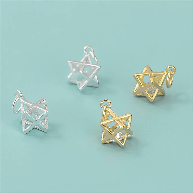 Vintage 925 Sterling Silver Rhomboid Hexagram With Floating Diamond Pendant for Jewelry Making