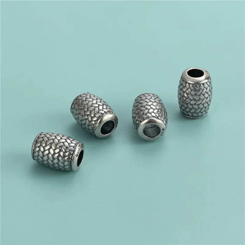Vintage 10mm Woven Pattern Barrel Beads Big Hole 925 Sterling Silver Barrel Charm Beads for Jewelry Making Supplies