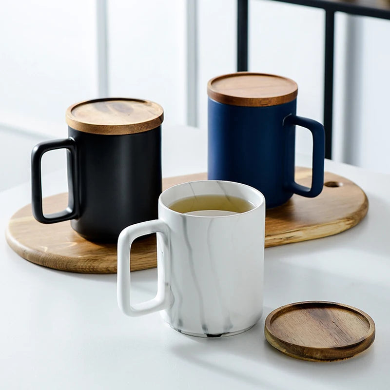 450ml Retro Ceramic Coffee Mug Marble Creative Water Cup Household Office Use Coffee Mug With Wooden Lid