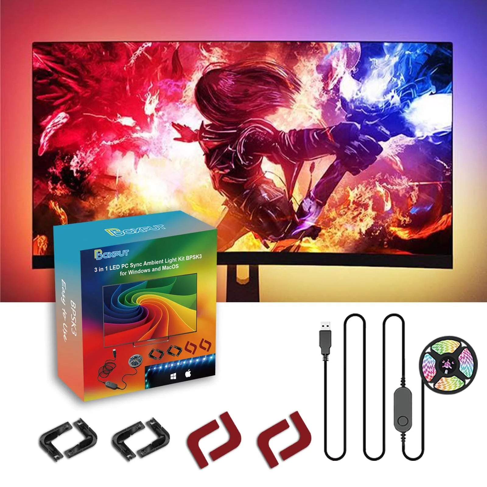 BPSK3 3 in 1 LED PC Sync Amblent Color Light Kit for Windows MacOS Desktop HiLighting APP Control Smart RGB Led Backlight Strips