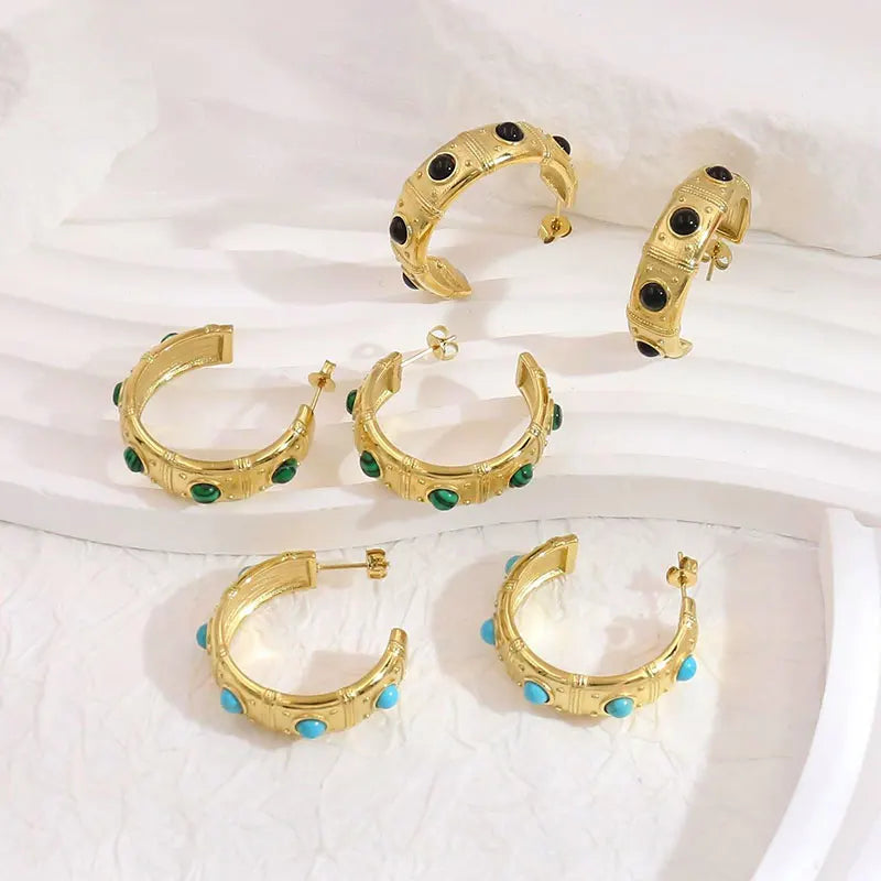 Retro Roman Style Hoop CC Earrings Tarnish Free Waterproof 18K Gold Plated Stainless Steel Jewelry Gemstone High Quality Earring