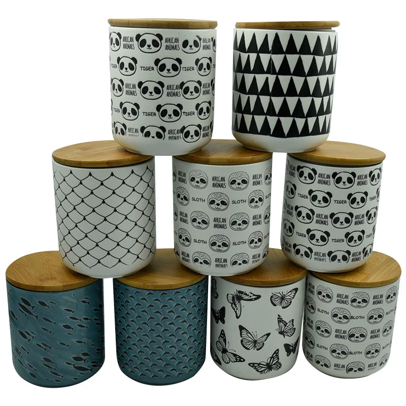 BESTCERA Custom Designed Ceramic Storage Jar Porcelain Kitchen Jar with Bamboo Lid Cylinder Shape for Condiments & Camping