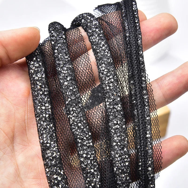 New Fashion Black Diamond Rhinestone Crystal Beaded Mesh Lace Sew on Bridal Sash Belt Ribbon Trim for Clothes Shoes Bags