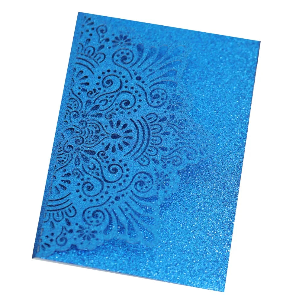 Custom Blue Laser 3D Glitter Pocket Invitation Cards Iridescent Paper and Customized Glitter Pocket Wedding Invited Cards