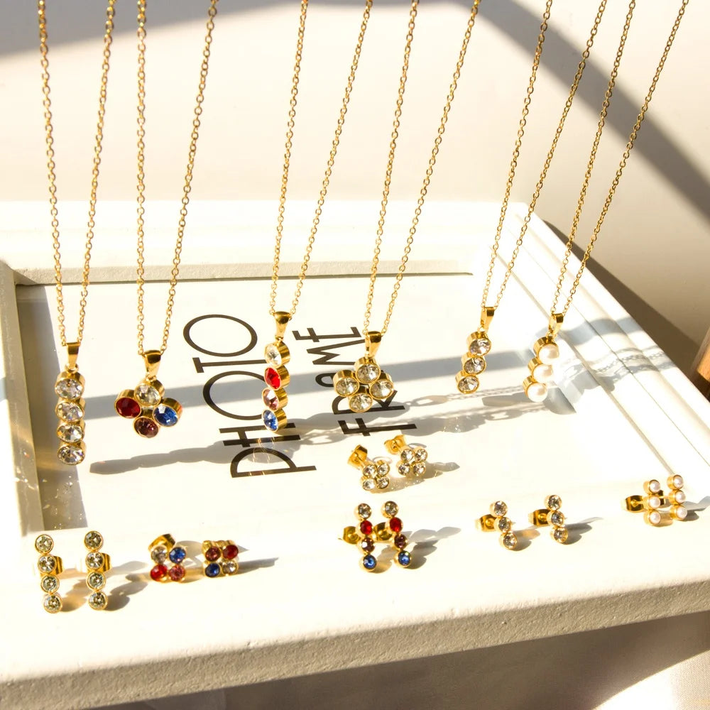 Stainless Steel Jewelry Set Custom Colorful Women 18k Gold Plated Cubic Zirconia Necklace and Earrings Jewelry Set for Bride