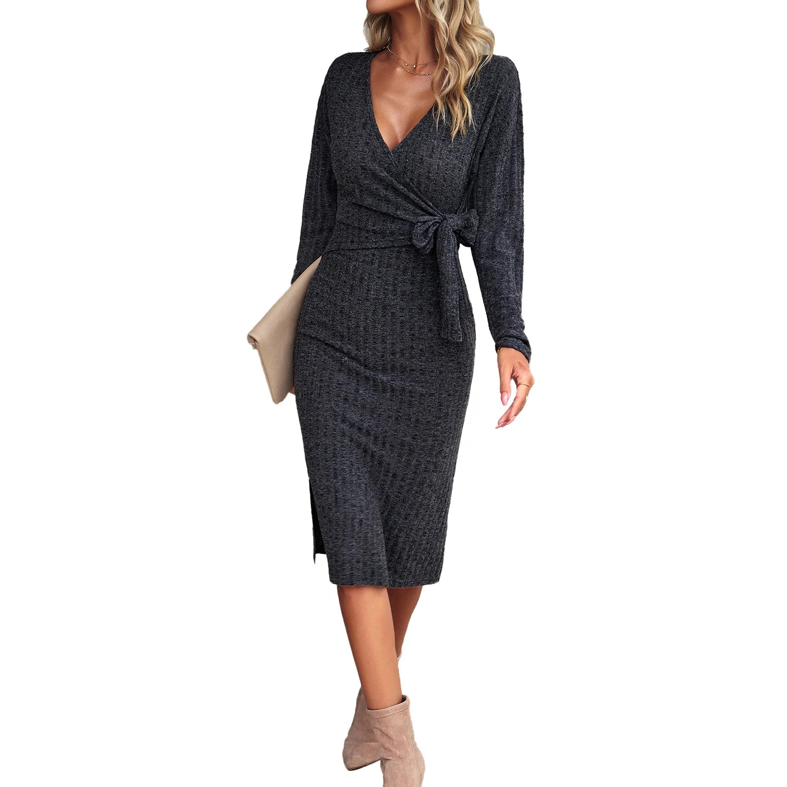 European and American Women's Clothing 2023 Autumn and Winter V-neck Long-sleeved Knitted Slim Strap Dress