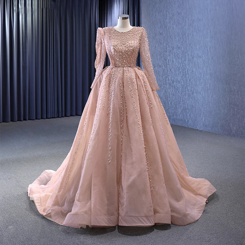 Jancember Rsm222156 Princess Pink Ball Gown Sequined Full Sleeve Pearls Evening Dress