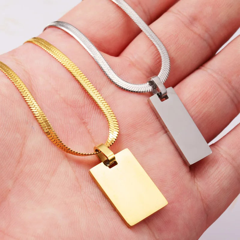 High Polished Gold Plated Rectangle Pendant Necklace Customize Logo Name Laser Stainless Steel Square Necklace