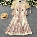 LW0699 Vintage Elegant Lantern Sleeve Waist Slit Long Printed Dress 2025 Spring Dresses Women Lady Elegant Large Size Dress
