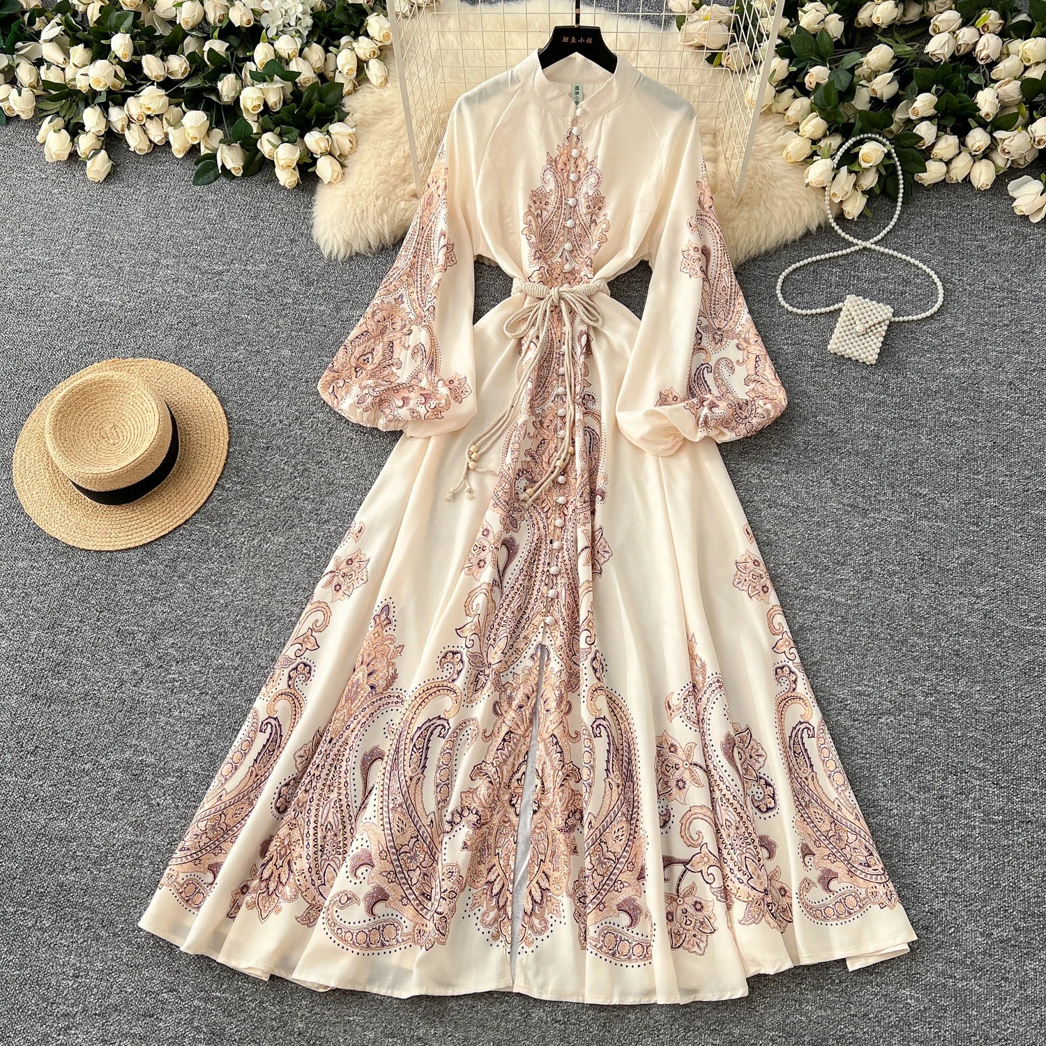 LW0699 Vintage Elegant Lantern Sleeve Waist Slit Long Printed Dress 2025 Spring Dresses Women Lady Elegant Large Size Dress