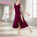 MiDee Pleated Deep V-Neck Lyrical Dance Dress for Women Adults with Asymmetrical Slit Skirt and Low U-Back for Stage Performance
