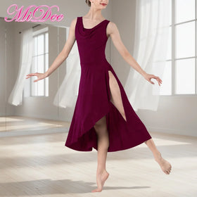 MiDee Pleated Deep V-Neck Lyrical Dance Dress for Women Adults with Asymmetrical Slit Skirt and Low U-Back for Stage Performance