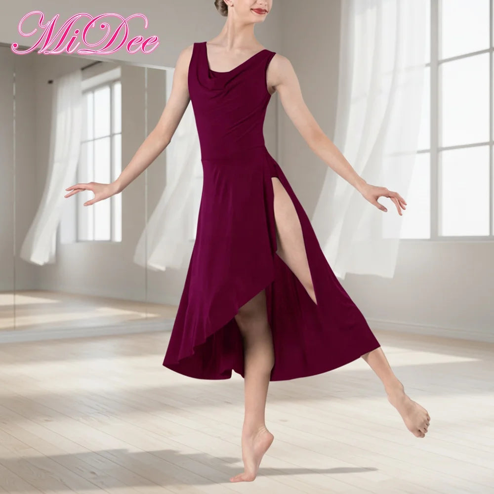 MiDee Pleated Deep V-Neck Lyrical Dance Dress for Women Adults with Asymmetrical Slit Skirt and Low U-Back for Stage Performance