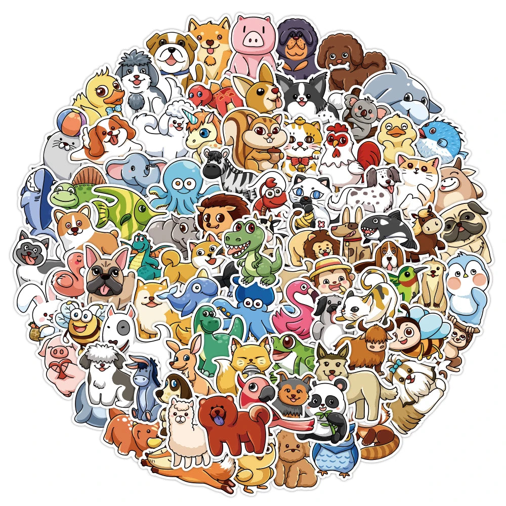 100Pcs Cute Animal Cartoon Stickers Custom Waterproof Decor Sticker for Wall Notebook Laptop PVC Vinyl Creature Sticker Pack