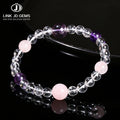 JD GEMS Semi Precious Energy Stone Round Bead Elastic Bangles 7A Natural Rock Quartz Amethyst Pink Quartz Bracelet