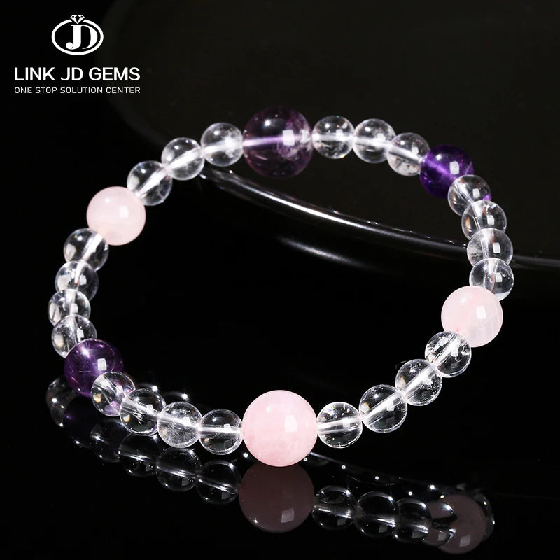 JD GEMS Semi Precious Energy Stone Round Bead Elastic Bangles 7A Natural Rock Quartz Amethyst Pink Quartz Bracelet