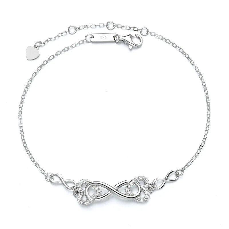 New Trendy Double Zircon Heart Charm Bracelet Sterling Silver Initial 8 Cross Heart Bracelet for Girl