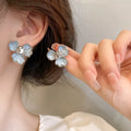2023 Luxury Brass Stud Earring Zircon Crystal Earring Enameled Blue Flower Silver Earrings for Women