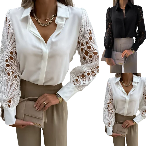 Women's 2022 Autumn New Style Shirt Solid Color Lace Sewing Long Sleeve Chiffon Shirt Top Fashion Versatile Polo Shirt