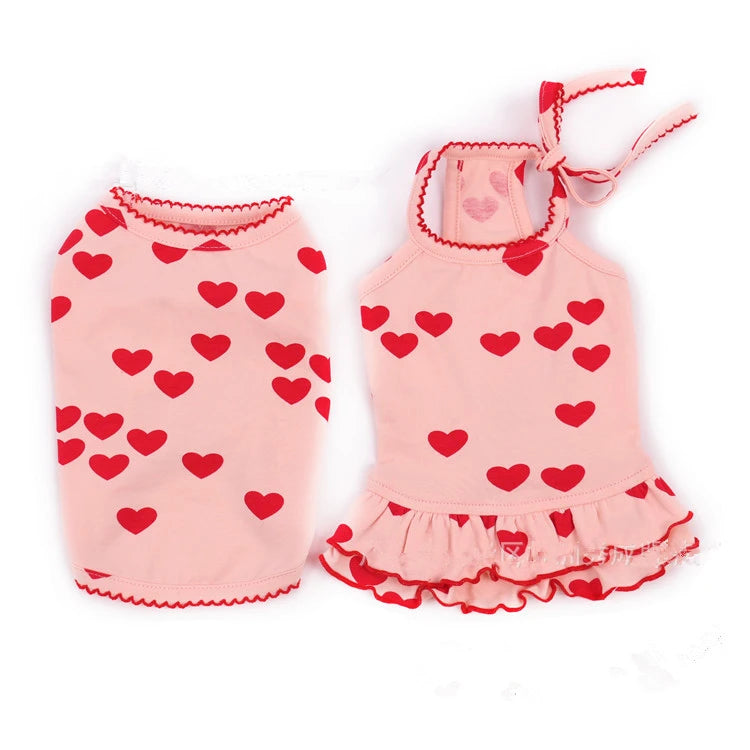 3XS-3XL Spring Summer Pet Clothes Cotton Heart Printed Suspender Skirts Vests Outfits Dog Clothes Pet Vest Dress Skirts for Dogs MegaBDM