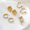 Fashion18k Gold Plated Waterproof Hypoallergenic Stainless Steel C Shape Pearl Earrings Stud Hoop Earring for Women