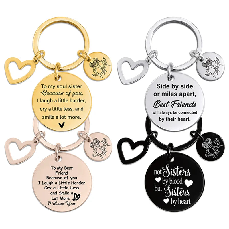 Ywganggu Customize Gift for Best Friend Stainless Steel Round Pendant Heart Keychain Sisters Metal Key Chain