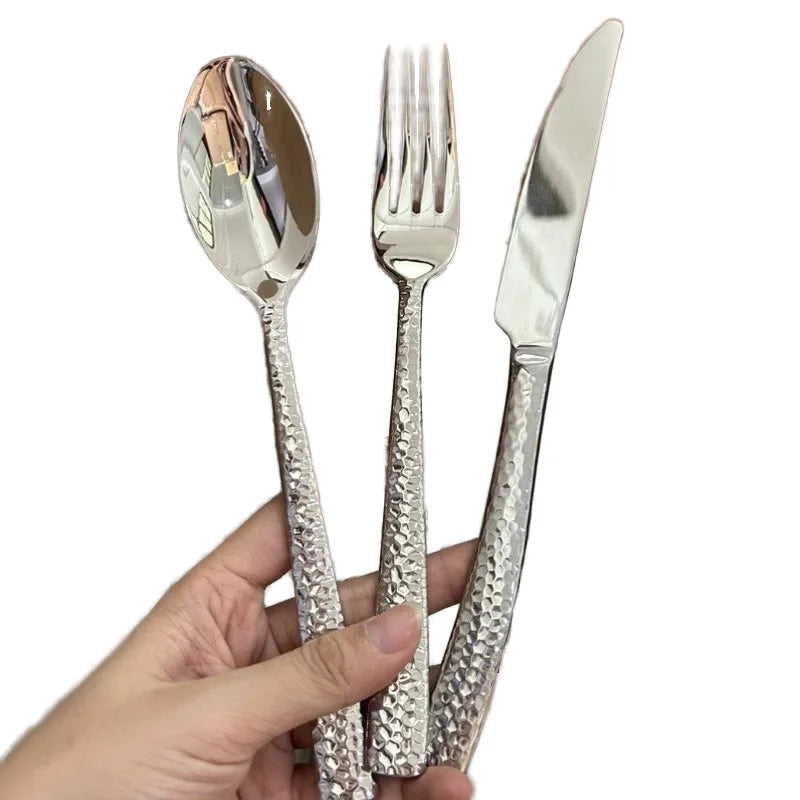Luxury Hammered Pattern Cutlery Set 304 Stainless Steel Mirror Polished Silverware Heavy Duty Flatware for Wedding Hotel