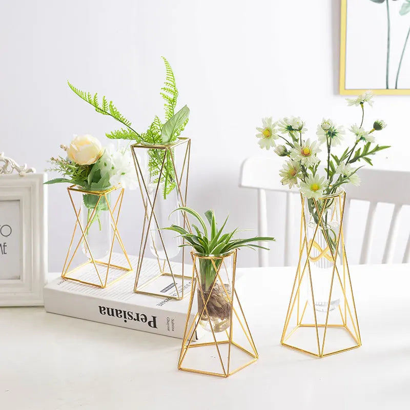 Flower Vase Tabletop Eco-friendly Europe Fashion Home Decor Light Gold Ironwork Metal Glass Modern Luxury Geometric Living Room