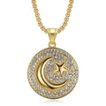 Wholesale Crystal Zircon Moon and Star Gold Plated Stainless Steel Box Chain Round Pendant Necklace for Engagement & Party