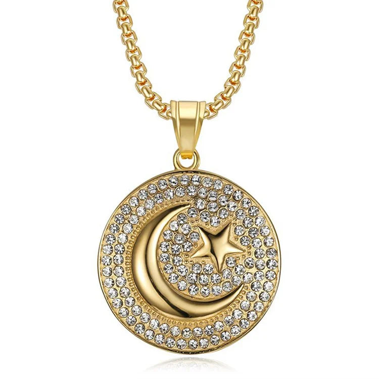 Wholesale Crystal Zircon Moon and Star Gold Plated Stainless Steel Box Chain Round Pendant Necklace for Engagement & Party