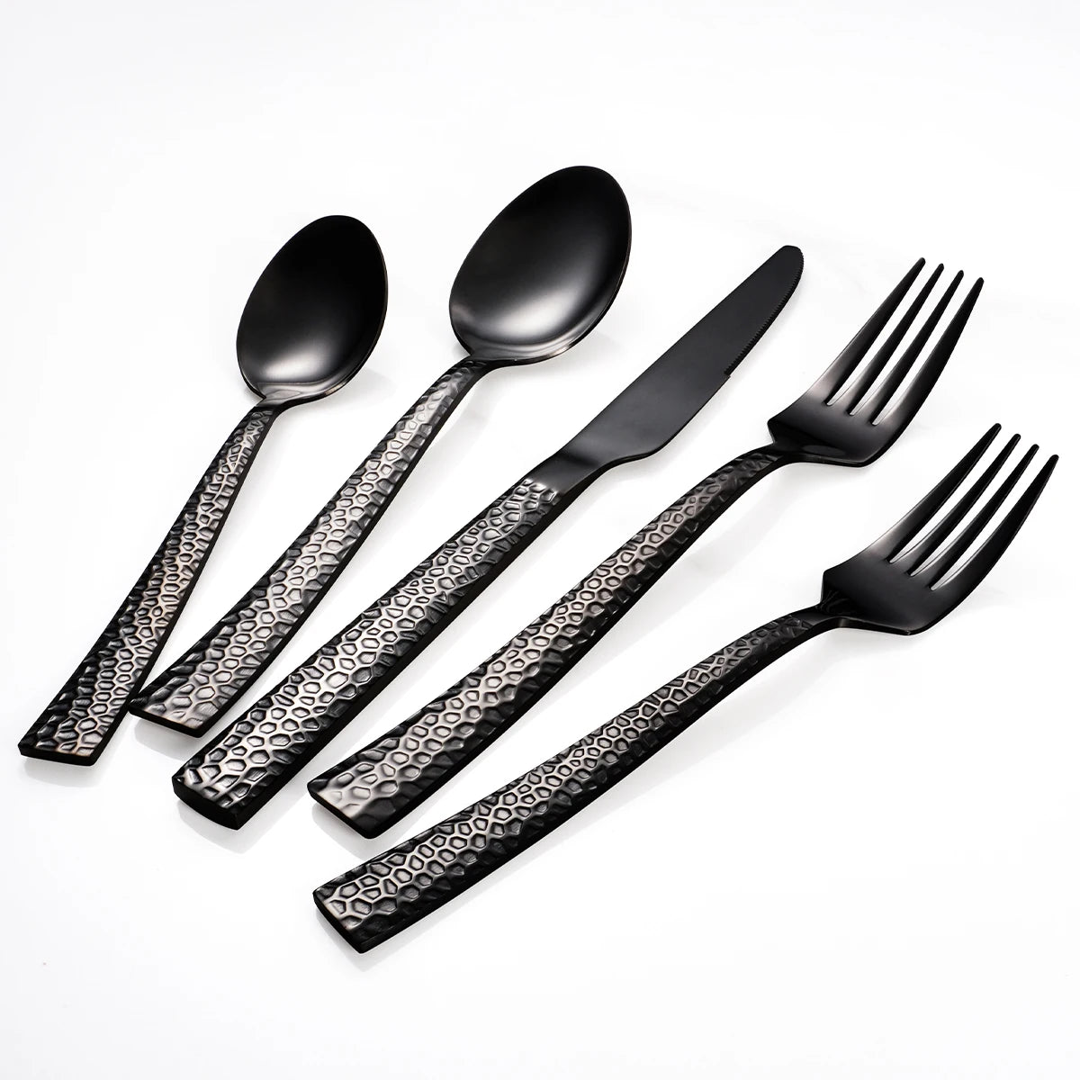 Modern Dining Knife Spoon Fork Stainless Steel Silverware Hammer Handle Flatware Silver Black Cutlery Set