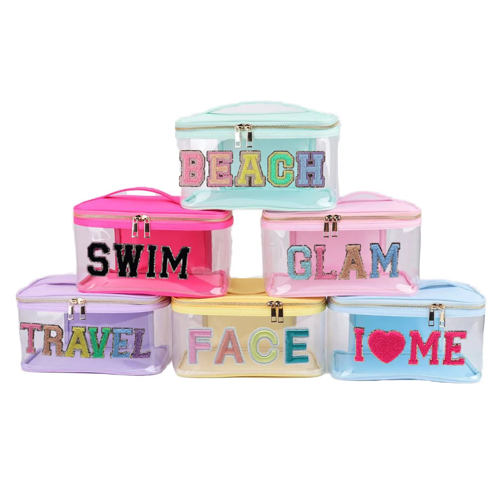 Large Capacity PVC Makeup Case Portable Travel Bag Fashionable Logo Design Transparent Letter Storage Embroidery Zipper Water