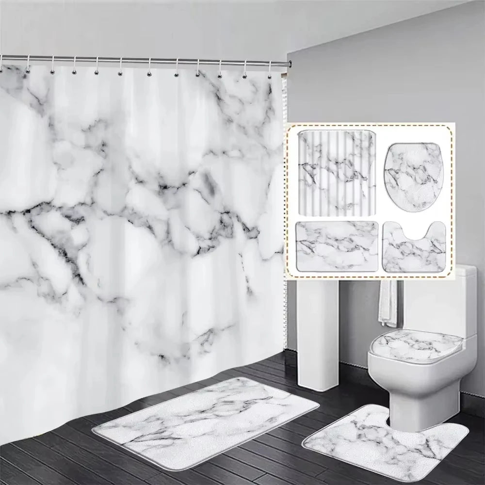 Luxury Abstract Marble Shower Curtain Rug Set Natural Fluid Texture Waterproof Shower Curtains Set