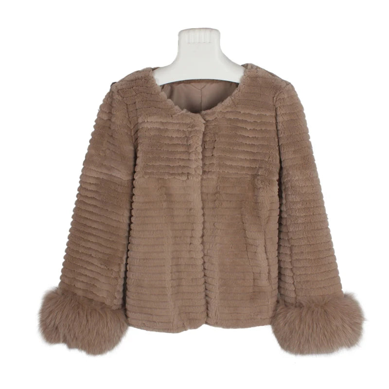Fashion Design Winter Fur Coats Knitted Real Rex Rabbit Fur Jacket for Women With Fox Fur Cuffs