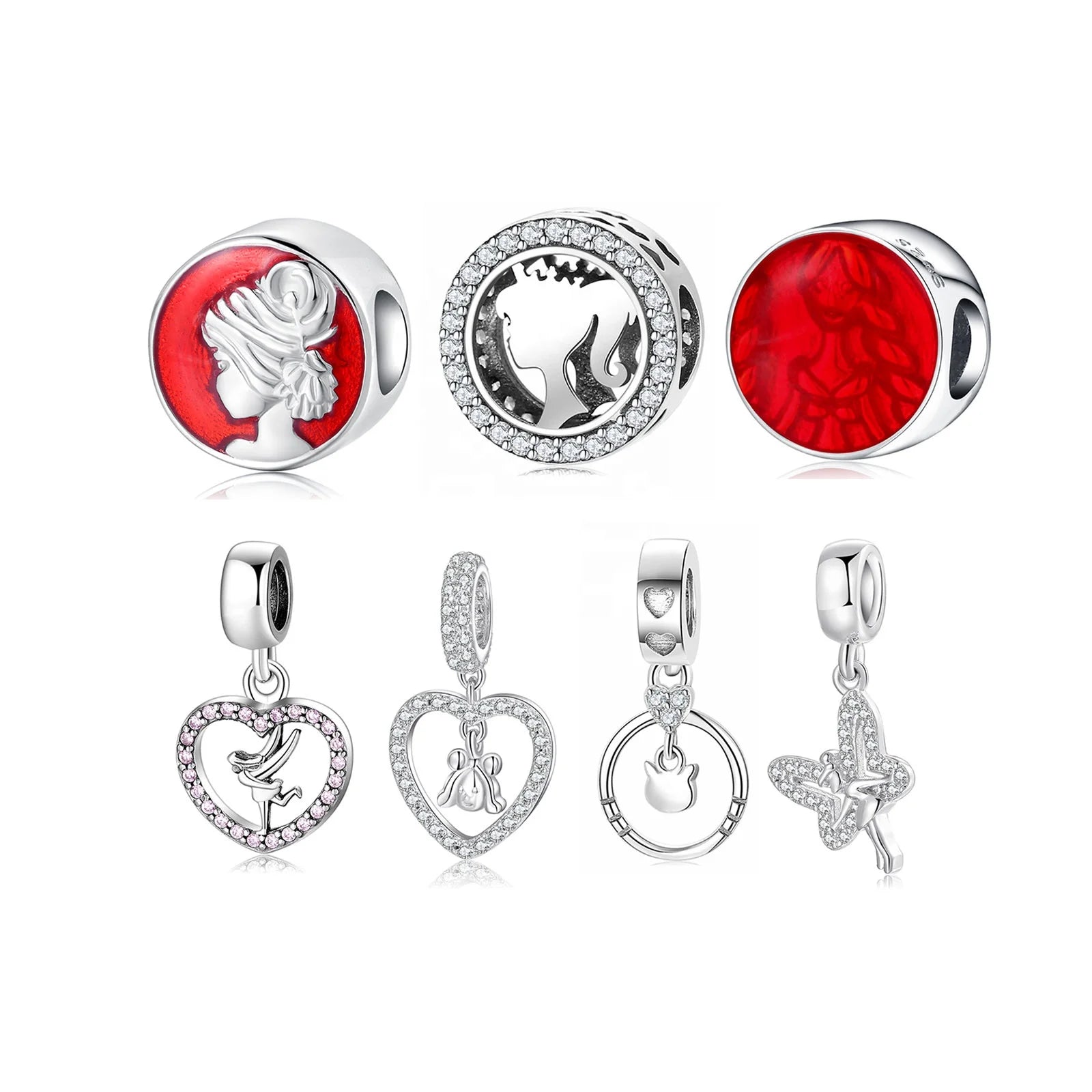 Real 925 Sterling Silver Heart Shape CZ Beads Contour of a Girl with a Crown Charms for Bracelets Fine Jewelry Wholesale