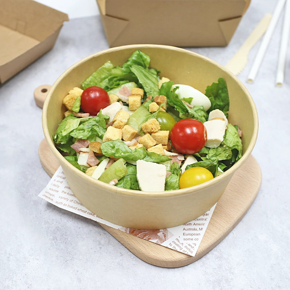 Compostable Eco-Friendly Disposable Kraft Paper Salad Bowl with PET PP Lid for Take-Away Food Packaging Like Sushi
