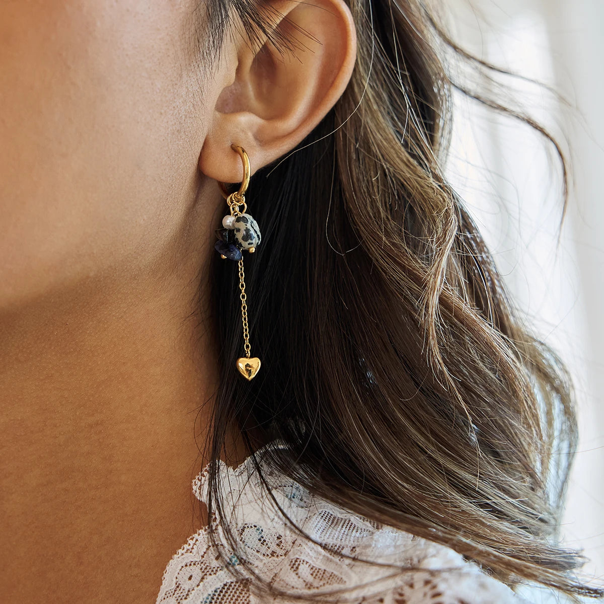 J&D Retro Style 18K Gold Stainless Steel Glass Pearl Colored Natural Stone Heart Tassel Earrings