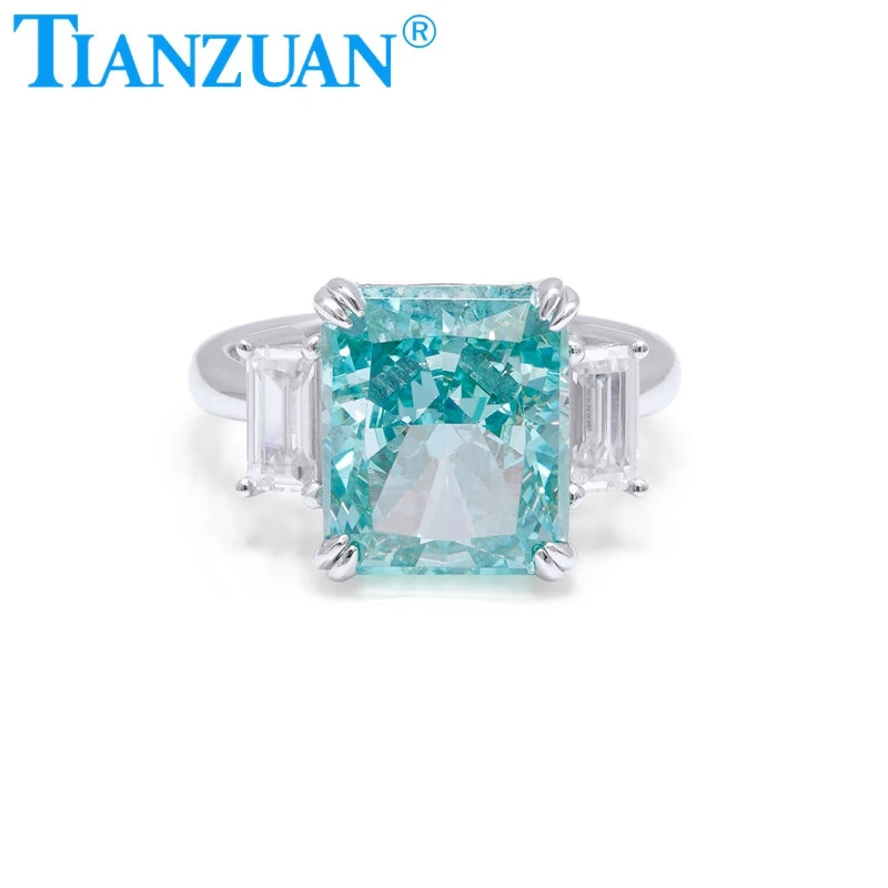 925 Sterling Silver Moissanite Ring with 10x12mm Radiant Ice Crushed Cut Paraiba Blue Color Cubic Zirconia Main Stone