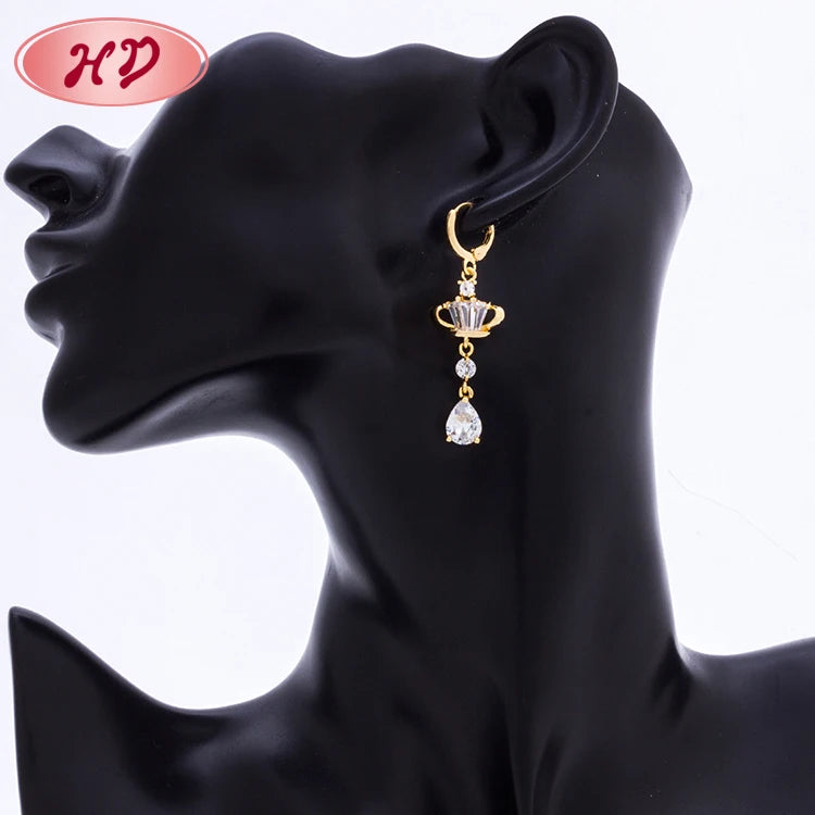 Latest Designs Round Shaped Gold Cz Diamond Drop Earrings for Women