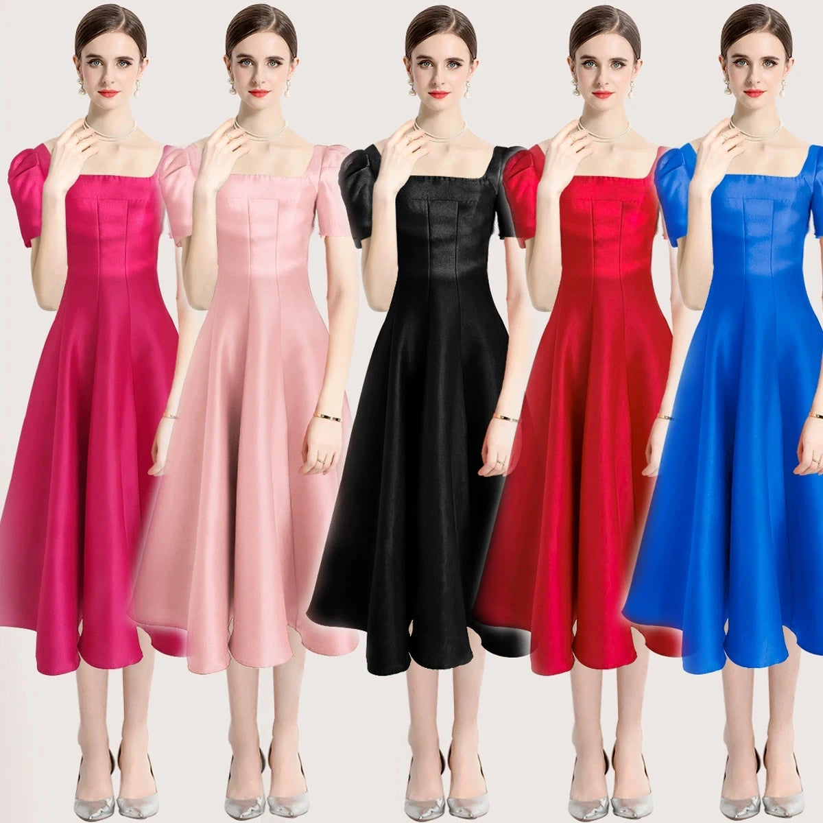 French Hepburn Style Solid Color Waist Cinching Slim Fit Large Hem square Neck Dress