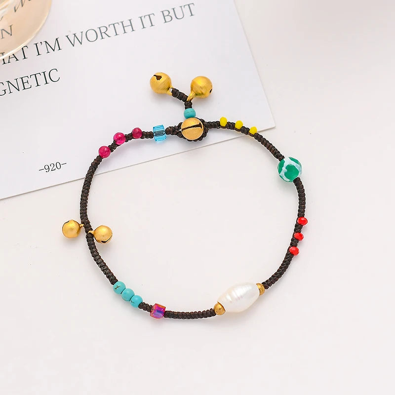 Fashion Women's Handmade Crystal Beach Anklets Trendy Leg Link Pear Rope Chain with Bell Wholesale Simple Pearl Stone Anklets
