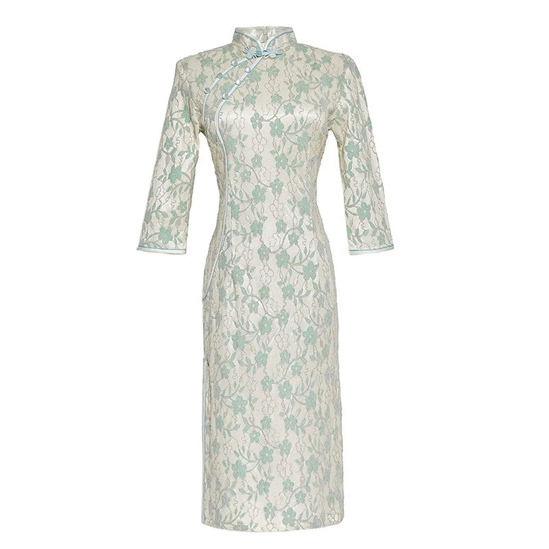 New Lace Mid Length 3/4 Sleeve Daily Qipao Improved Young Style Long Lace Dresses Women Ladies Elegant Night Dress Cheongsam