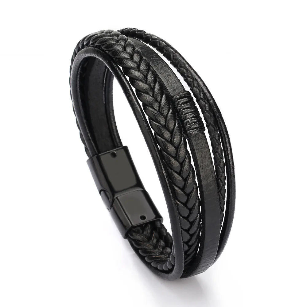 Custom Multi-Layer Handwoven Braided Stainless Steel Bracelets Genuine Magnetic Leather Silver Jewelry Black Fashionable Bangles